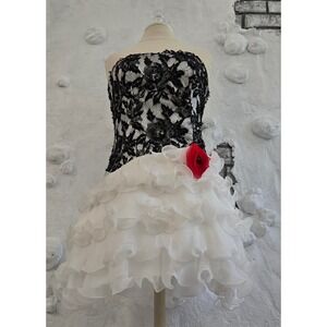 NWT Porscha Couture Black Lace Beaded White Ruffle Strapless Dress Size 10